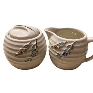 Vitreous Porcelain China Beehive Style Creamer & Sugar Bowl With Uranium Glaze